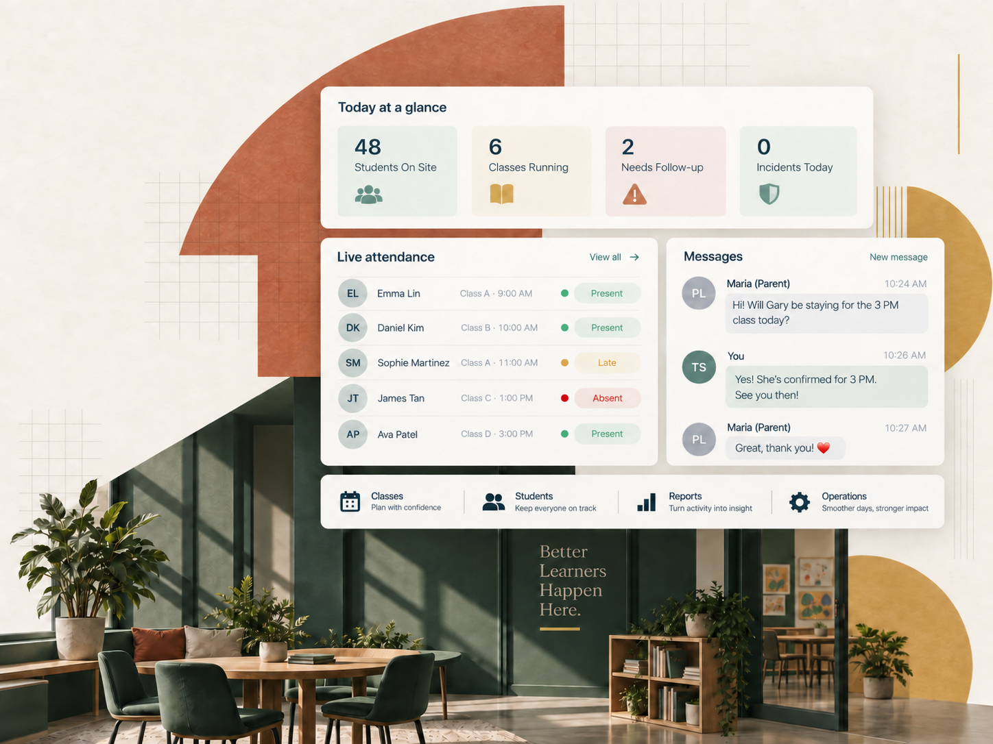ClassWatch360 live attendance, center overview, and two-way parent messaging shown over a welcoming learning-center interior